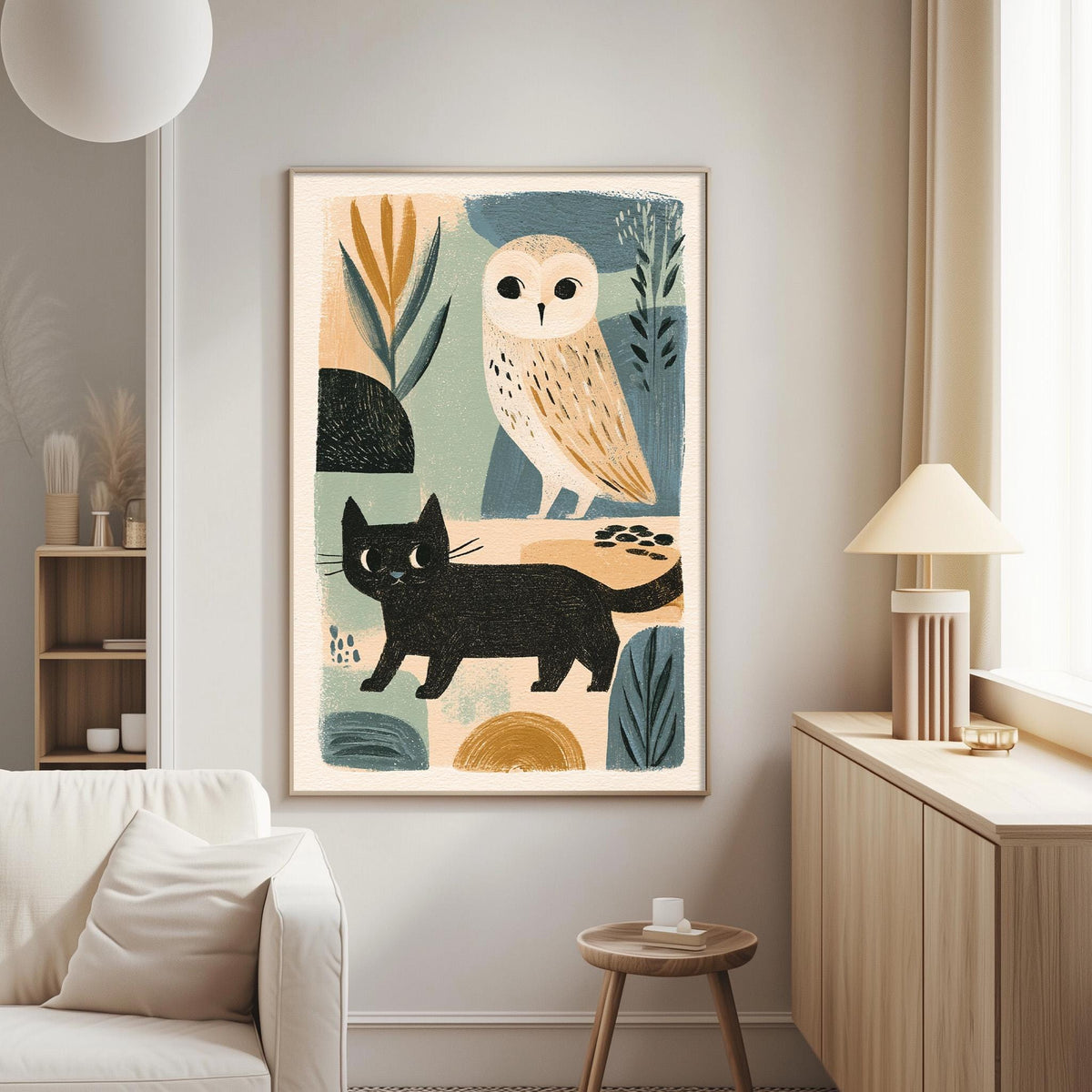 a living room with a large framed artwork depicting an owl and a black cat on the wall.