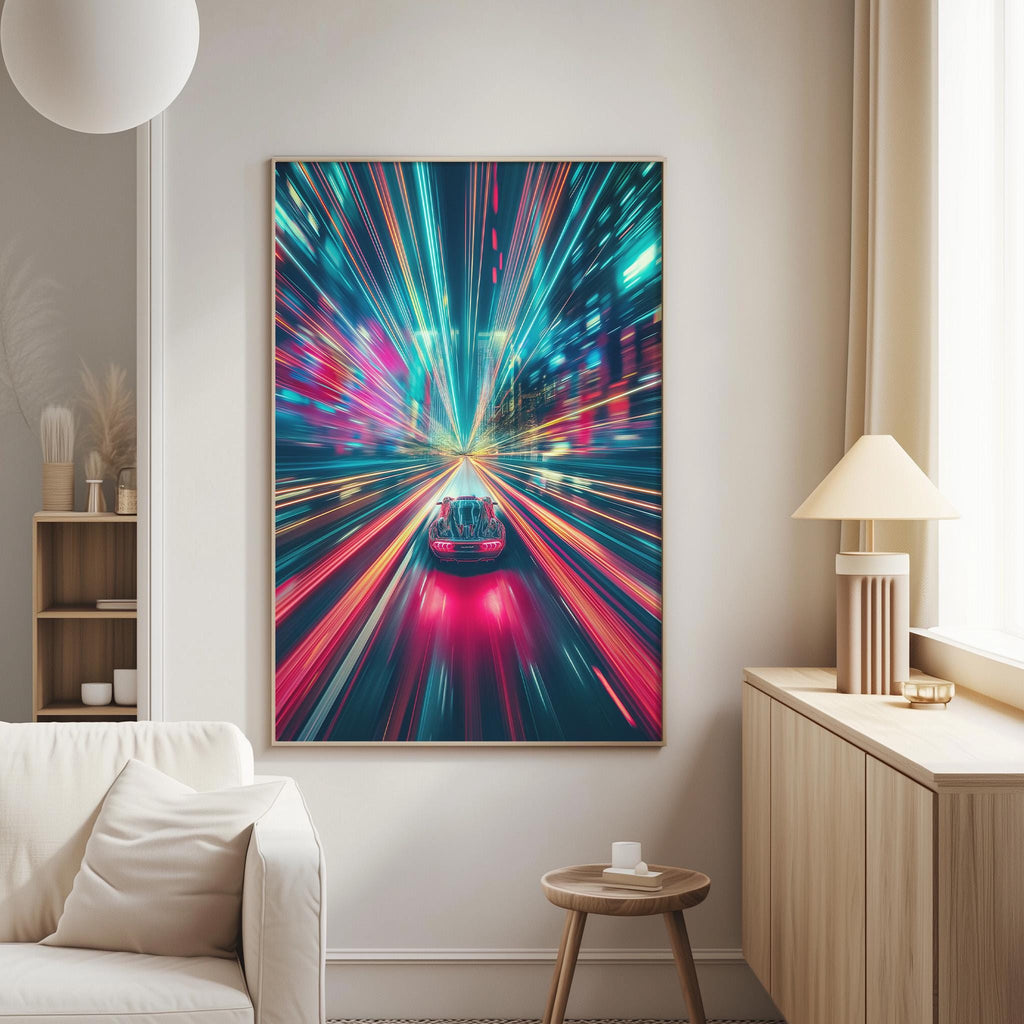 a vibrant, abstract painting of a car traveling at high speed through a cityscape, with colorful streaks of light emanating from the vehicle.