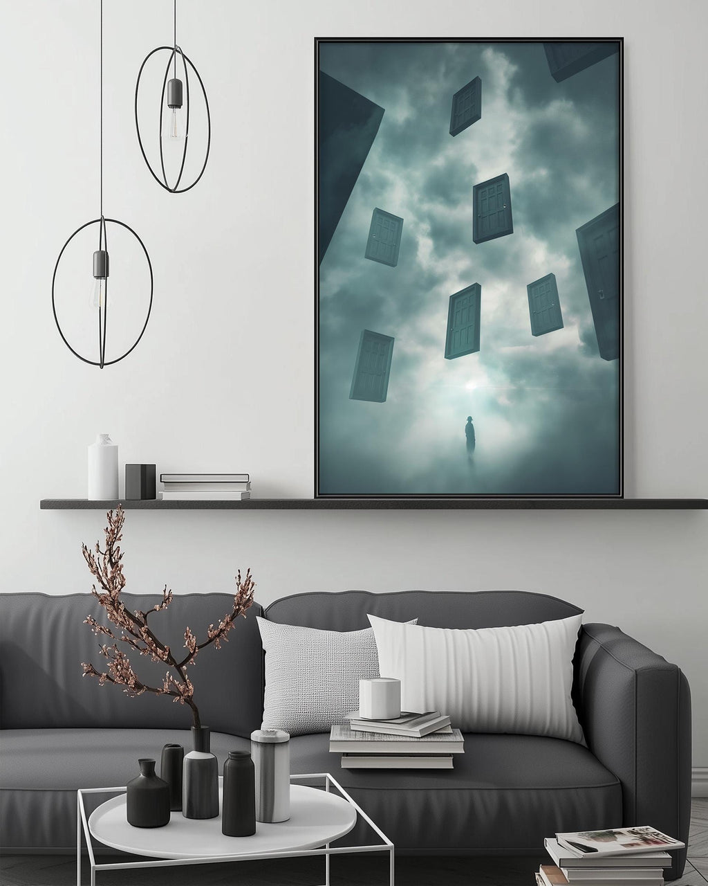 a modern living room with a gray sofa, a coffee table, and a large framed artwork depicting floating books and a person in a foggy, dreamlike landscape.