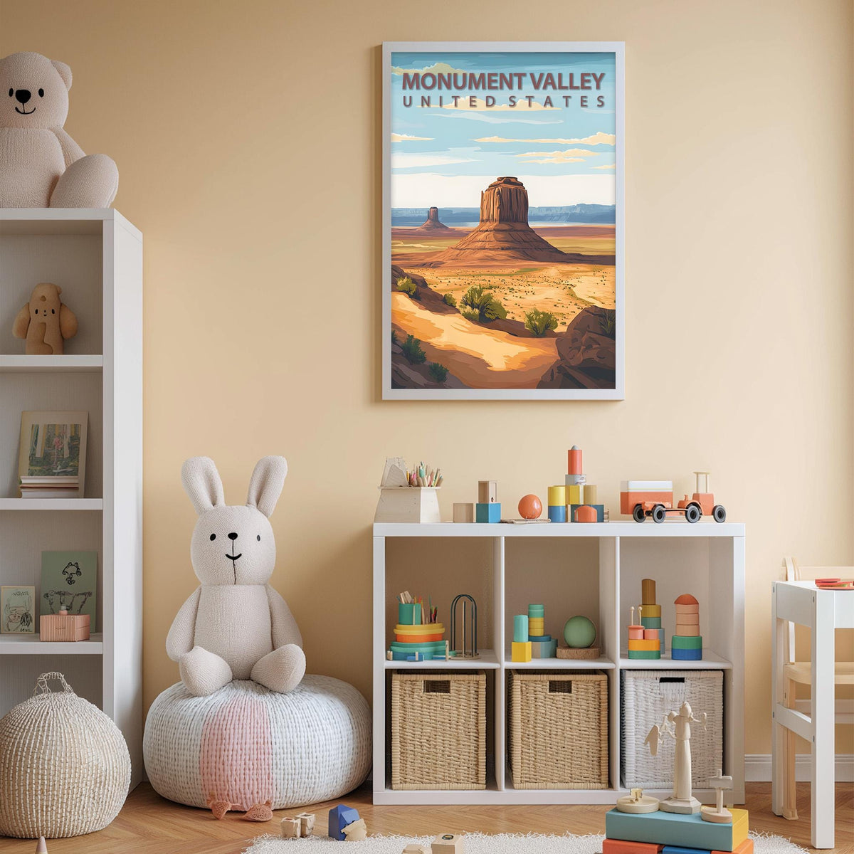 a child's bedroom with a large framed poster of Monument Valley, a teddy bear, a toy shelf, and a toy train set.