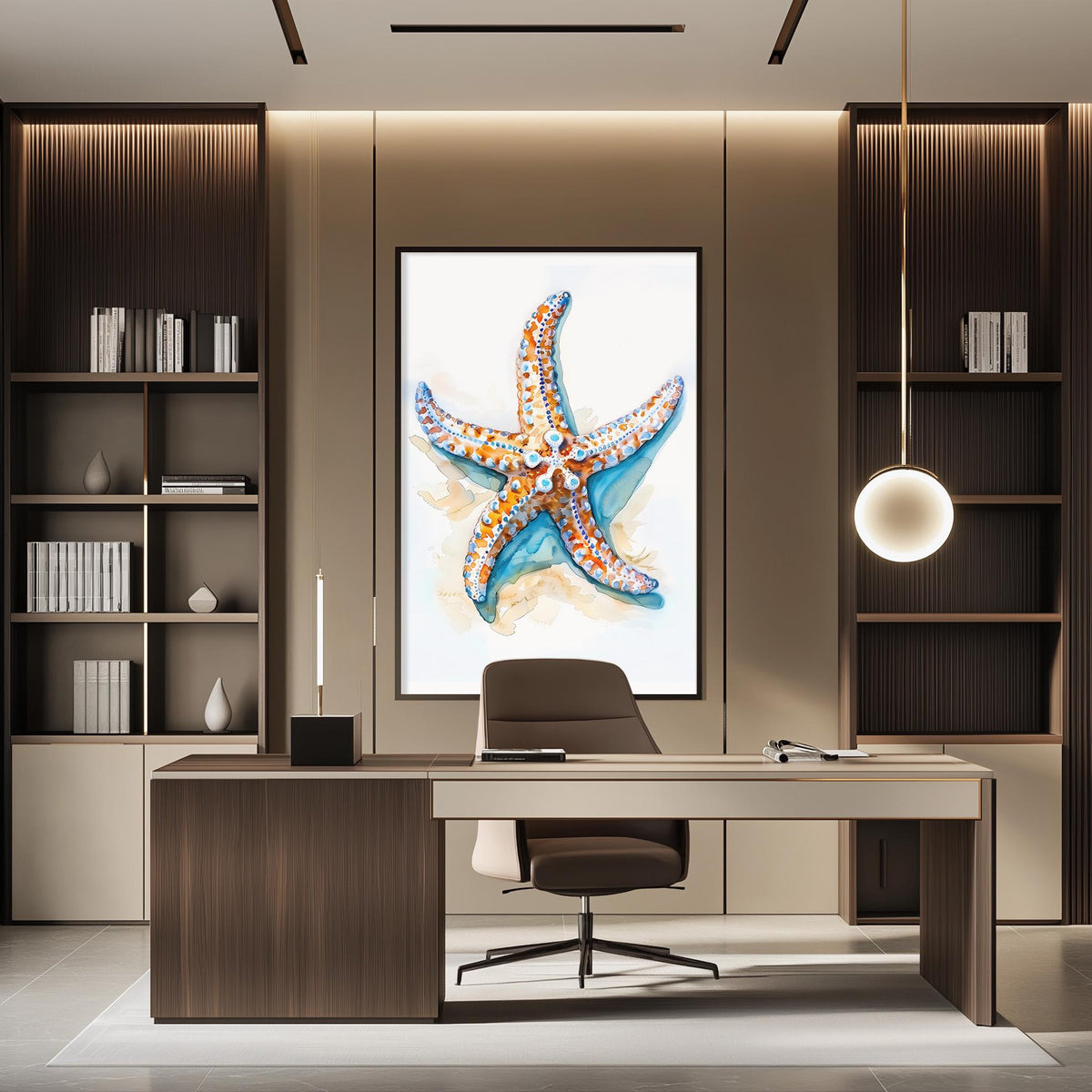 a modern office space with a large framed painting of a starfish on the wall. The office features a wooden desk, a comfortable chair, and a bookshelf filled with books. The overall design and decor create a professional and stylish atmosphere.