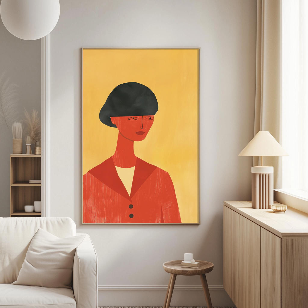 a living room with a large, colorful painting of a woman in a red jacket hanging on the wall. The painting is framed in a gold frame and is the focal point of the room. The room also includes a white couch, a wooden side table, and a lamp, creating a cozy and inviting atmosphere.