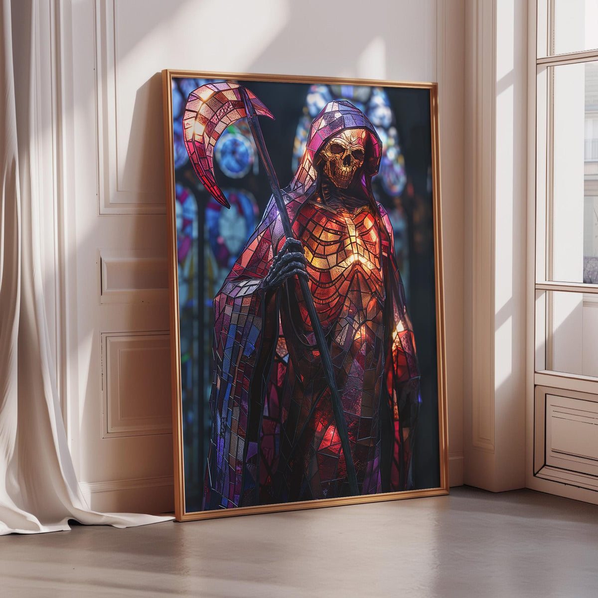 a large, colorful painting of a skeleton figure holding a crescent moon.