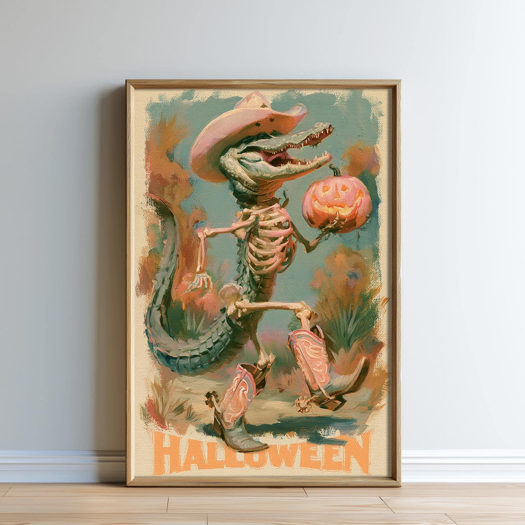 The image is a framed painting depicting a skeleton wearing a cowboy hat and boots, holding a pumpkin, with the word "Halloween" written below.