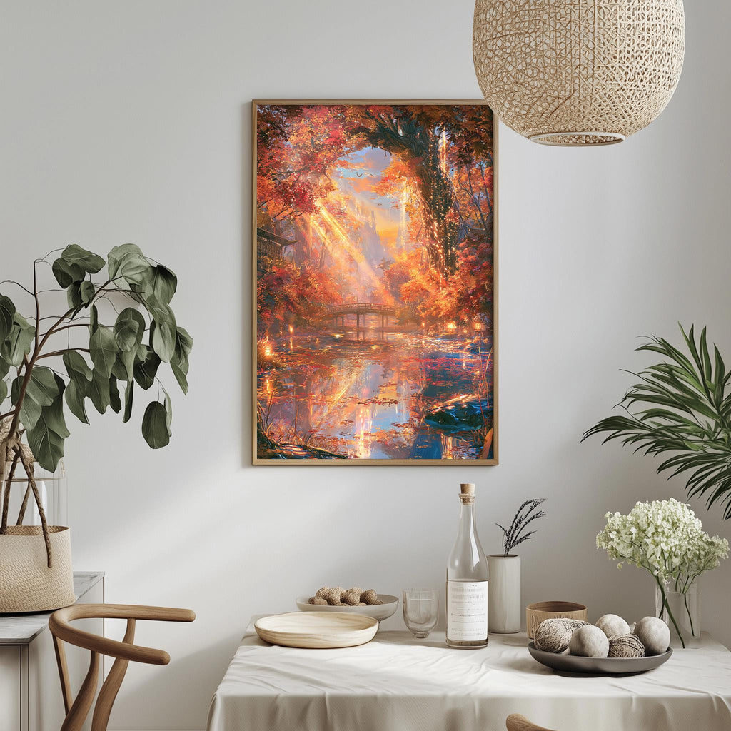 a dining table with a white tablecloth, a vase of white flowers, a bottle, and a bowl of fruit. Above the table, there is a framed painting depicting a serene landscape with a bridge and trees.