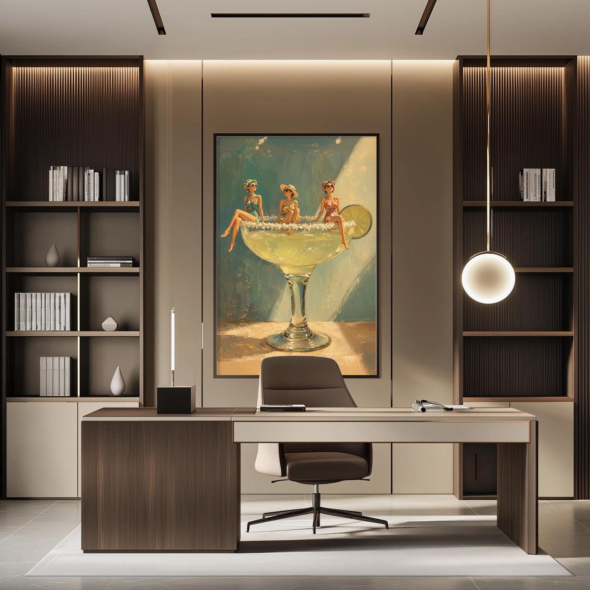 a modern office space with a large framed painting of three women in a glass on the wall, surrounded by bookshelves and a desk with a chair.