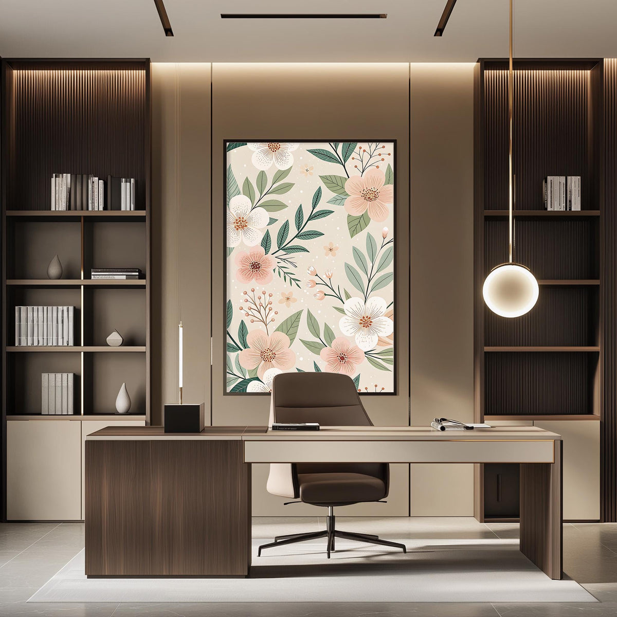 a modern and well-designed office space with a large floral print on the wall behind a desk, a comfortable-looking chair, and a bookshelf with various books and decorative items.