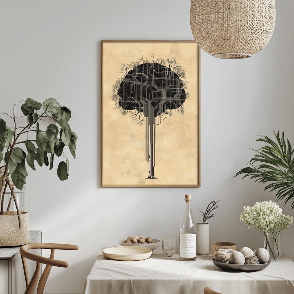 a dining table with a white tablecloth, a bowl of fruit, a bottle, and a vase with flowers. Above the table, there is a framed picture of a tree with a circuit board design on it.