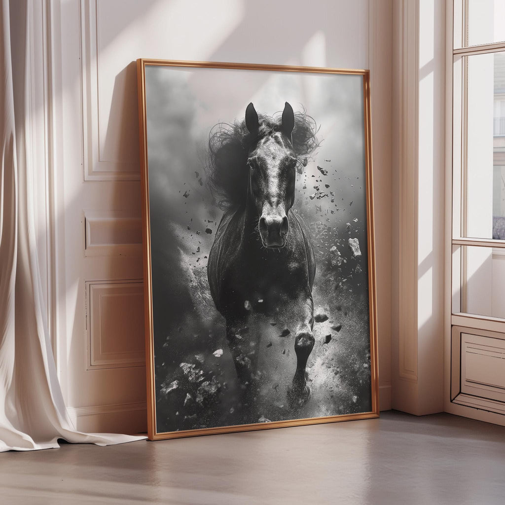 a large black and white photograph of a horse in motion, captured in a dynamic pose. The horse is surrounded by a cloud of dust, creating a sense of movement and energy. The photograph is framed and displayed on a wall, adding a sense of depth and perspective to the scene.