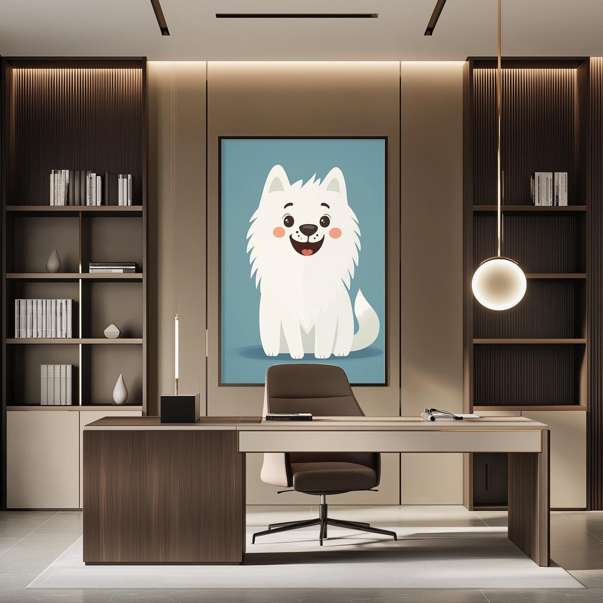 a modern office space with a large framed illustration of a white dog sitting on a blue background, positioned above a wooden desk with a chair.
