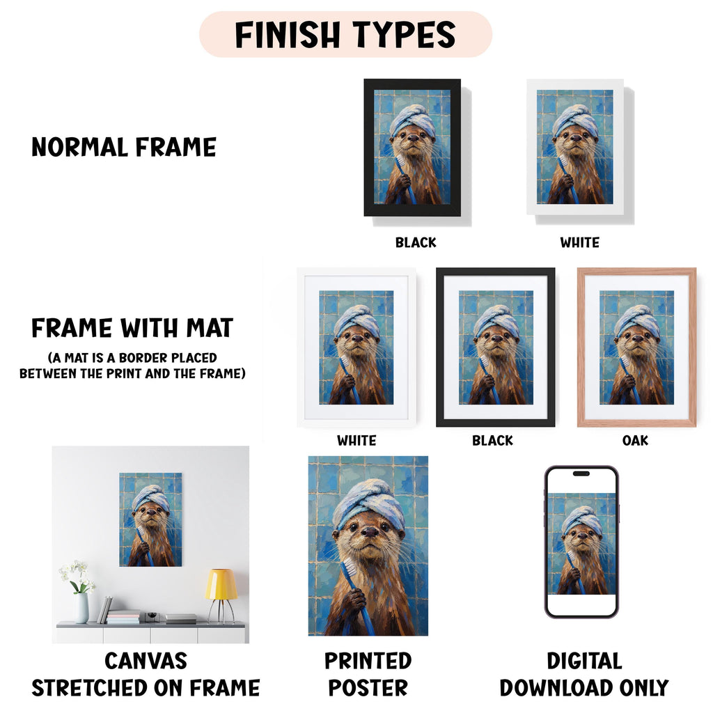 various types of artwork, including a canvas stretched on a frame, a framed photograph, and a digital poster. The artwork is presented in different frame colors and styles, such as a normal frame, a black frame, a white frame, and an oak frame. The artwork is also described as a canvas stretched on a frame, a printed poster, and a digital download only.