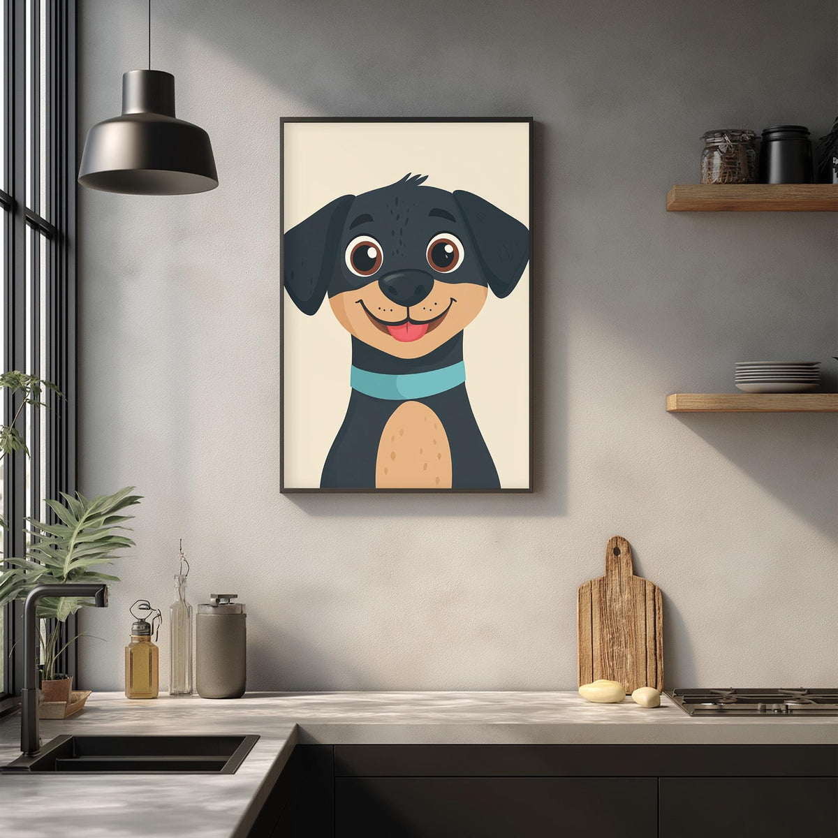 a kitchen counter with various items on it, including a framed picture of a smiling dog, a wooden cutting board, and some kitchen accessories.