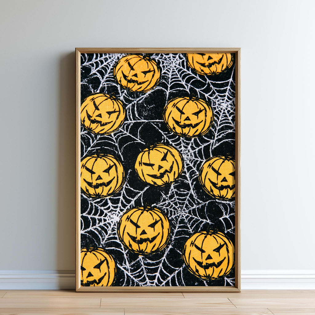 a Halloween-themed poster with a repeating pattern of jack-o-lanterns and spiderwebs.