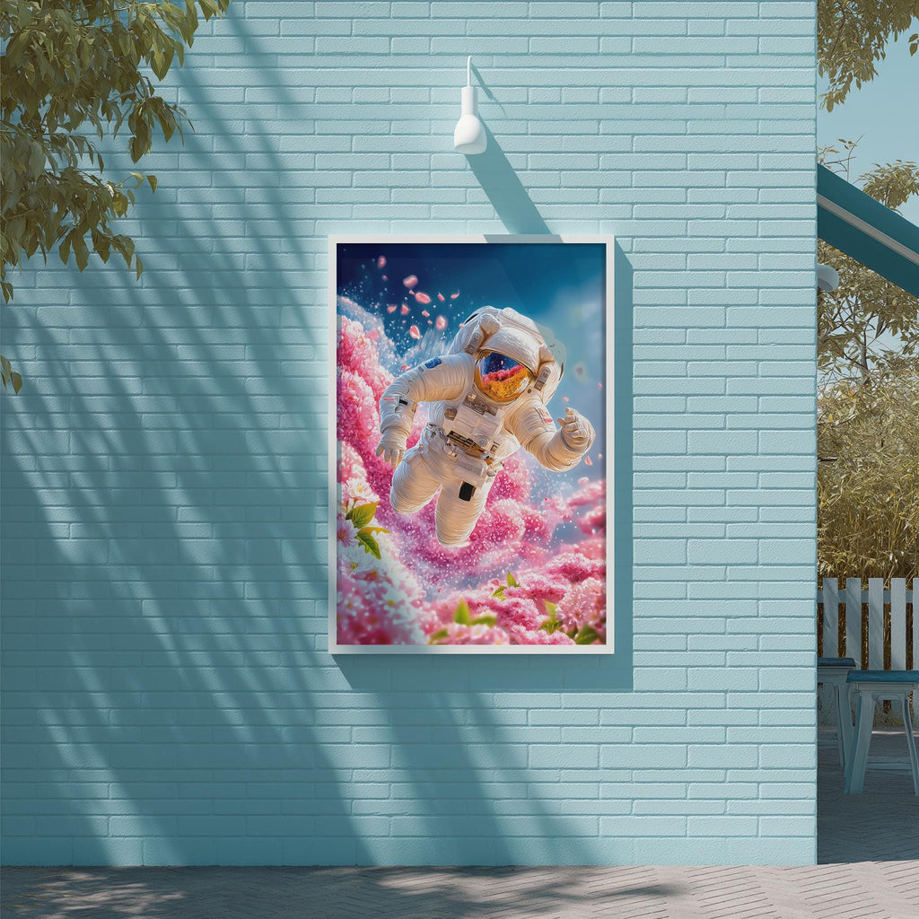 a poster of an astronaut floating in a field of pink flowers, with a blue wall and a tree in the background.