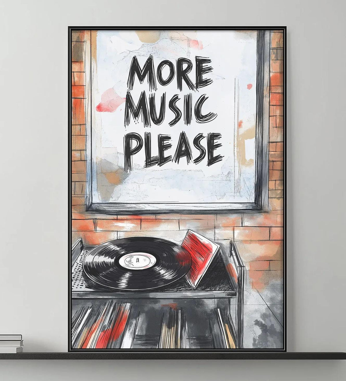a modern living room with a gray sofa, a coffee table, and a framed poster on the wall that says "More Music Please".