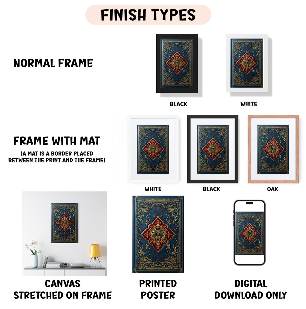 various types of artwork, including a book, a canvas, a poster, and a framed print, each with different finishes and frame styles.