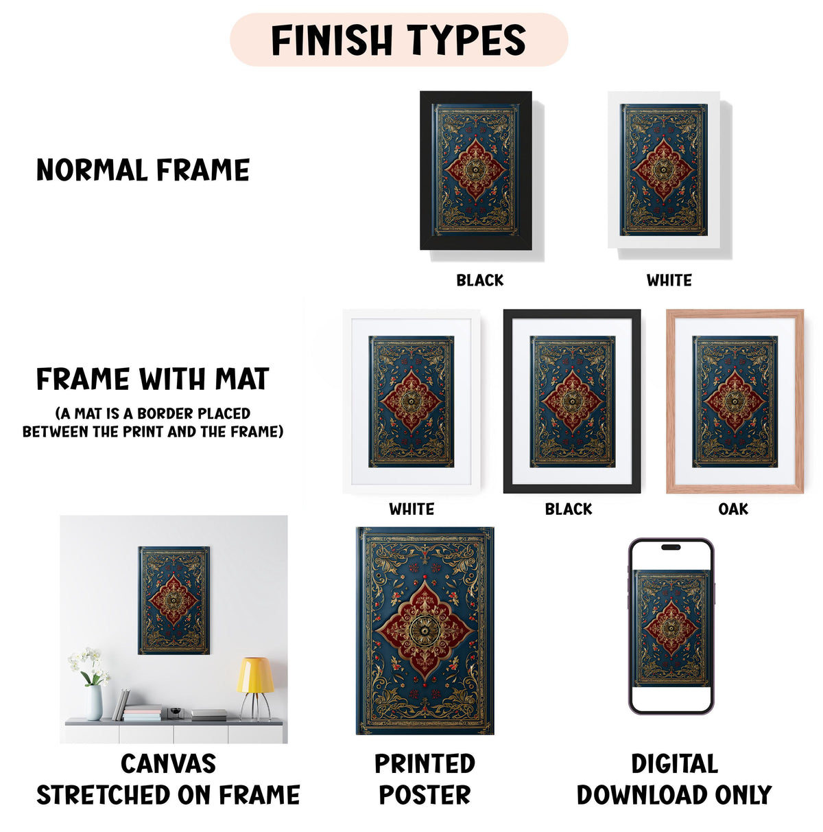 various types of artwork, including a book, a canvas, a poster, and a framed print, each with different finishes and frame styles.
