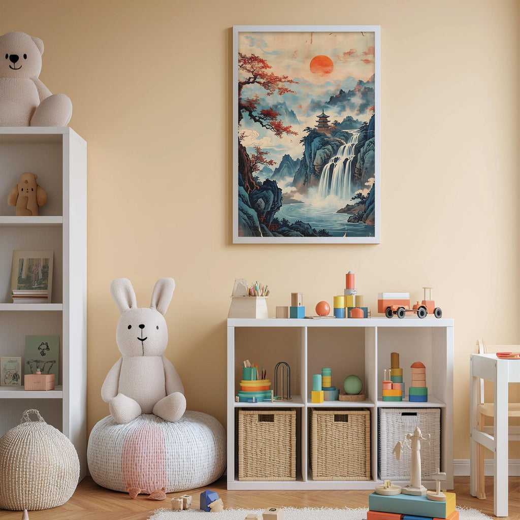 A cozy children's room with a large stuffed bunny, a bookshelf, and a colorful landscape painting on the wall.