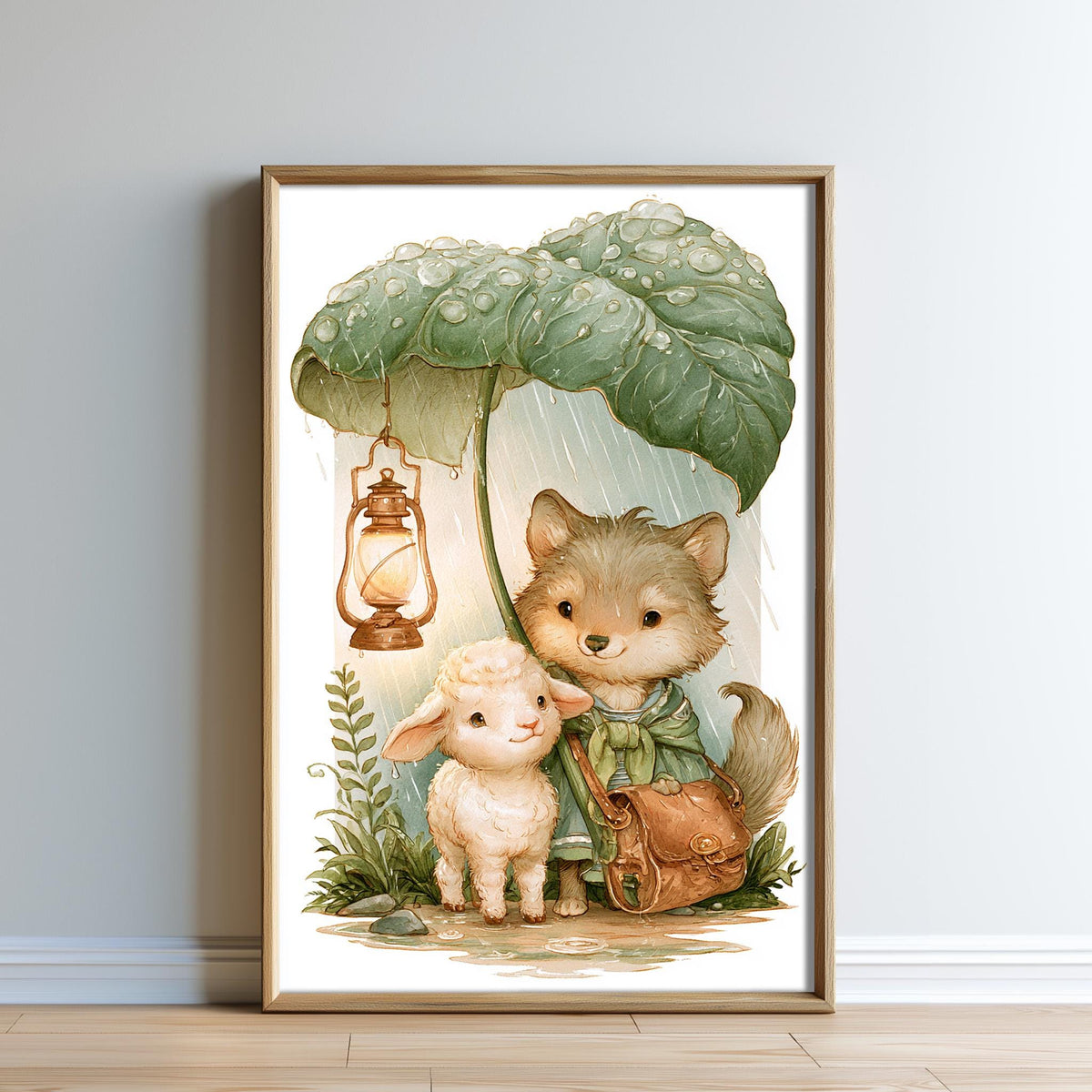 A framed illustration depicting a wolf and a lamb standing under a large green leaf, with a lantern hanging from it, in a forest setting.