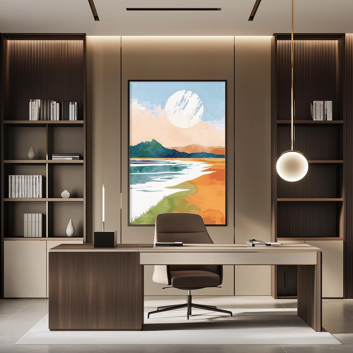 a modern and well-lit office space with a large window, wooden furniture, and a large painting of a landscape on the wall.