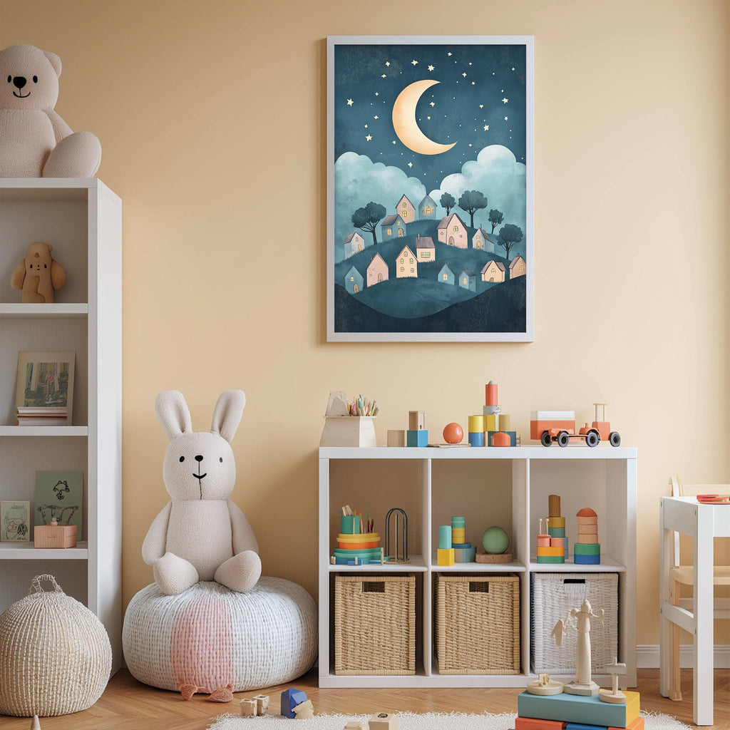 A cozy children's bedroom with a night sky-themed painting on the wall, a stuffed rabbit, a toy train, and a toy castle.