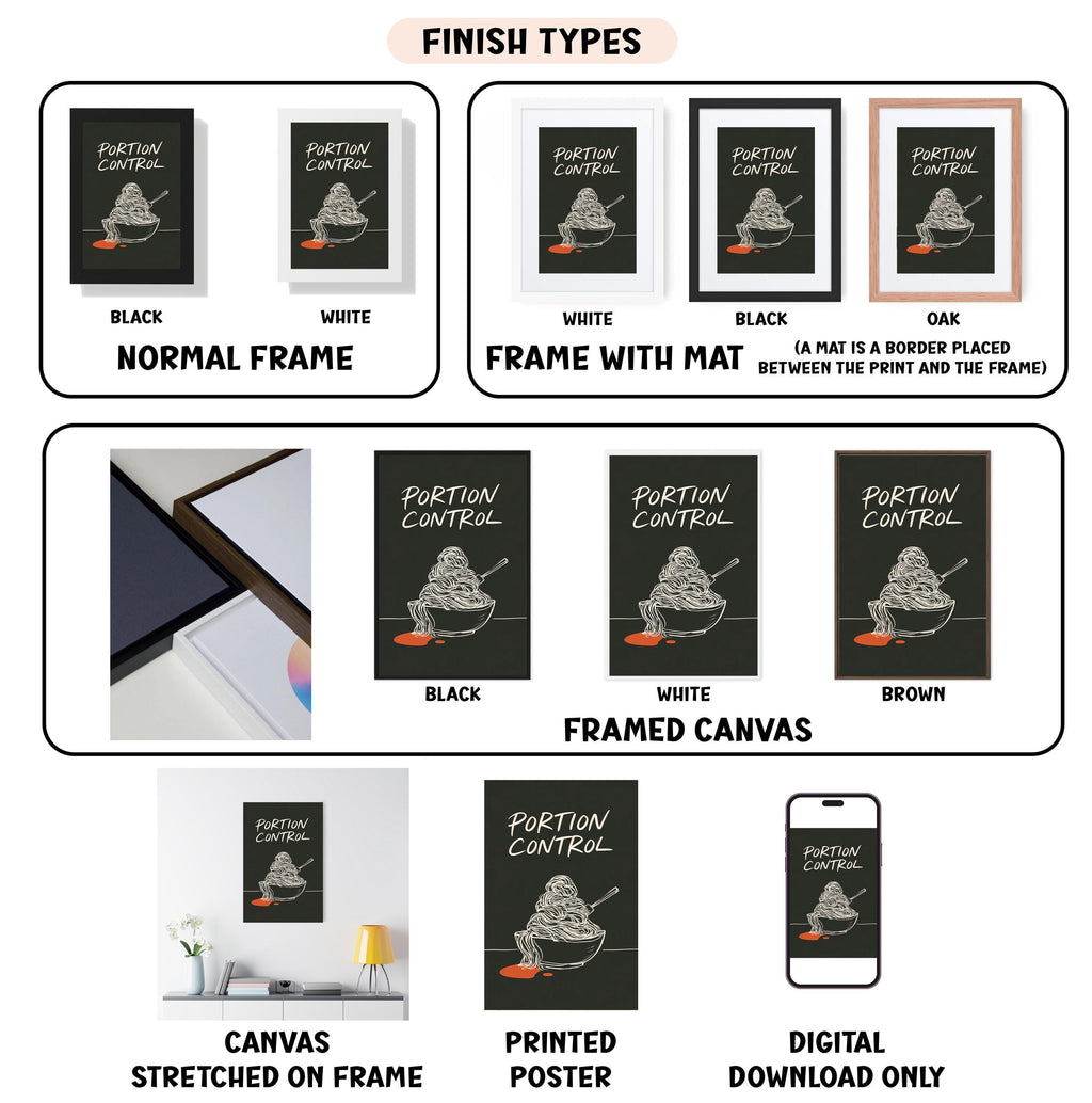 various finish types for a Portion Control artwork, including a normal frame, a frame with a mat, a black frame, a white frame, a black frame, a white framed canvas, a brown framed canvas, a stretched canvas, a printed poster, and a digital download only.