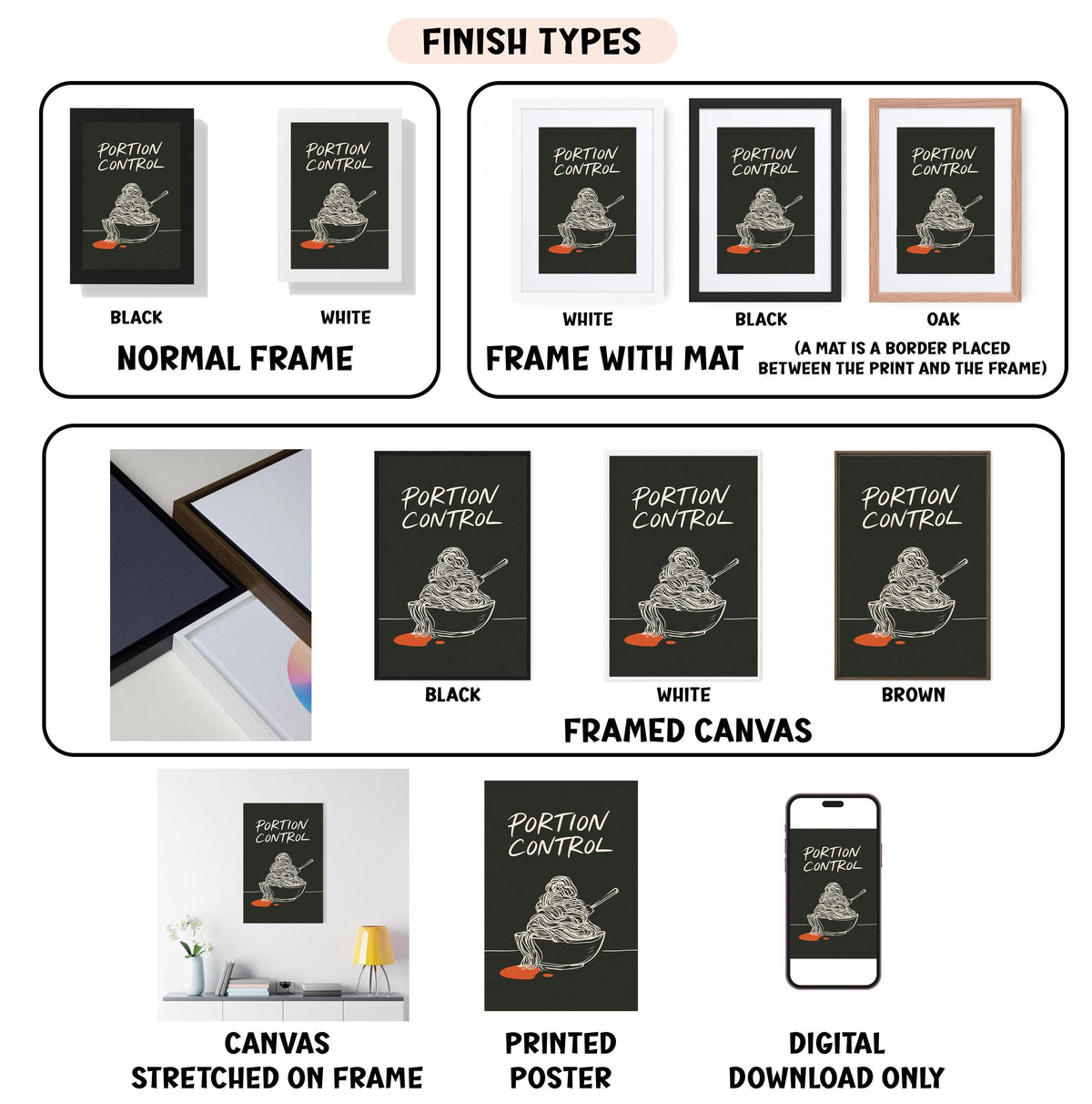 various finish types for a Portion Control artwork, including a normal frame, a frame with a mat, a black frame, a white frame, a black frame, a white framed canvas, a brown framed canvas, a stretched canvas, a printed poster, and a digital download only.
