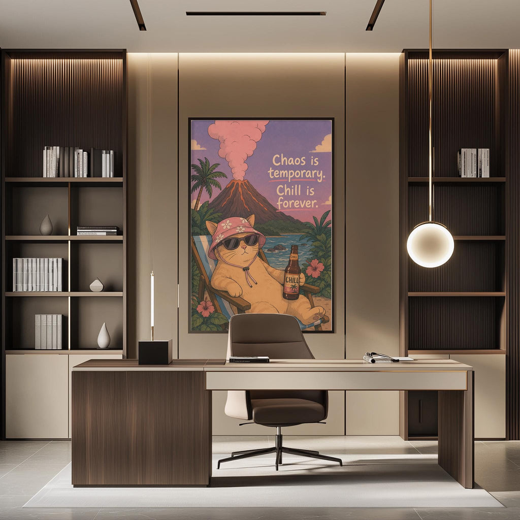 a modern office space with a large poster of a cat wearing sunglasses and a hat, sitting in a chair and holding a beer bottle, on the wall above a desk.