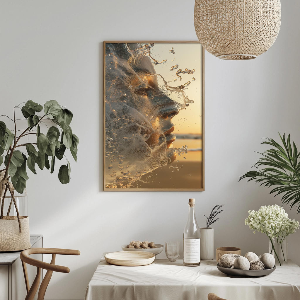a dining table with a white tablecloth, a bowl of fruit, a bottle, and a vase with flowers. Above the table, there is a framed picture of a woman's face with water splashing around it.