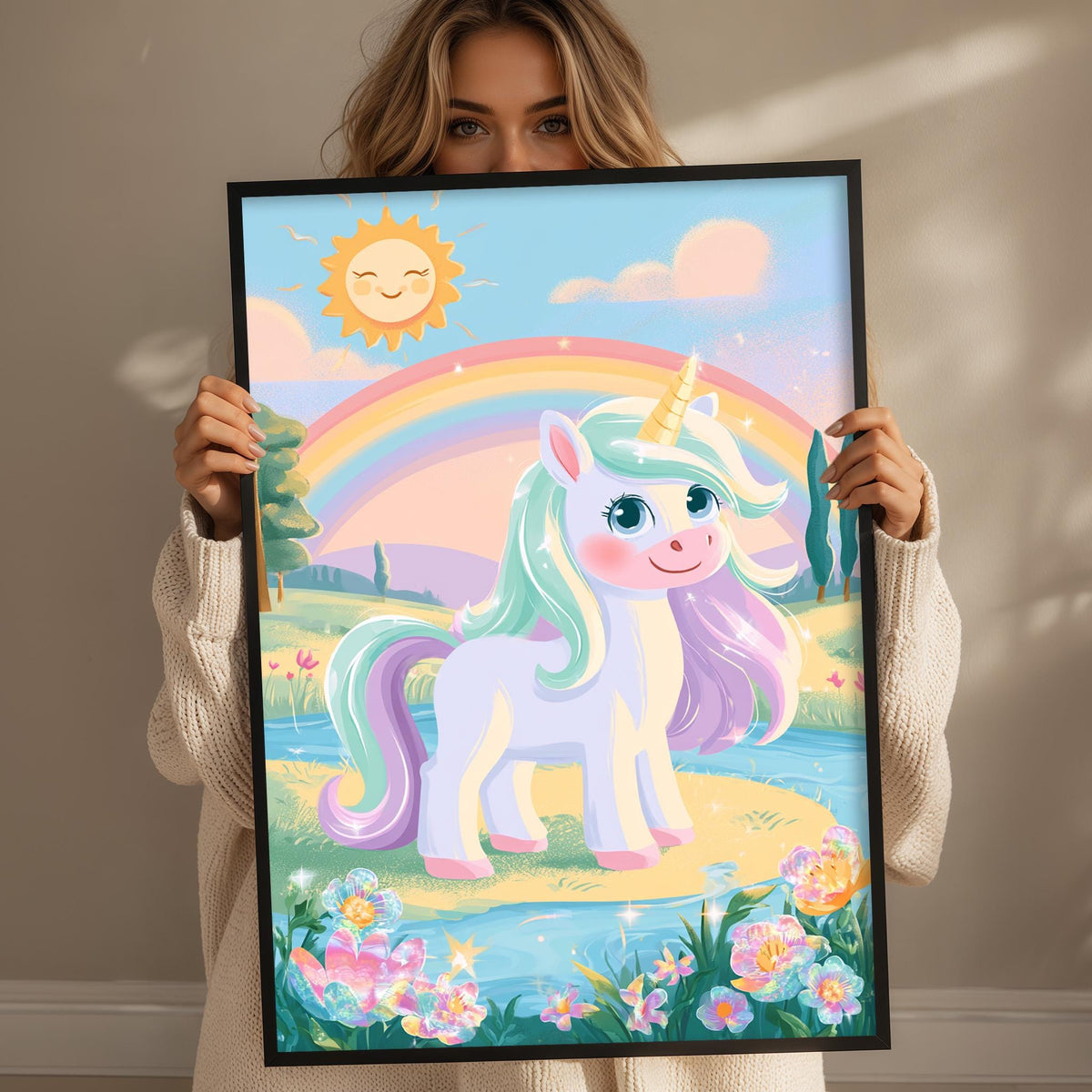 A woman is holding up a framed illustration of a unicorn in a field with flowers and a rainbow in the background.