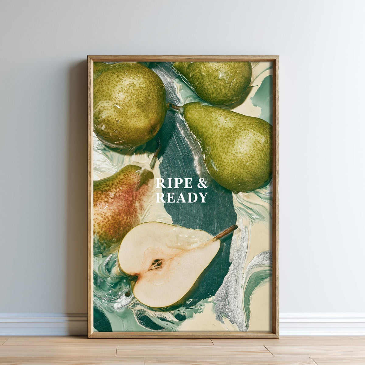 The image is a framed print featuring a close-up of pears, with the text "RIPE & READY" prominently displayed.