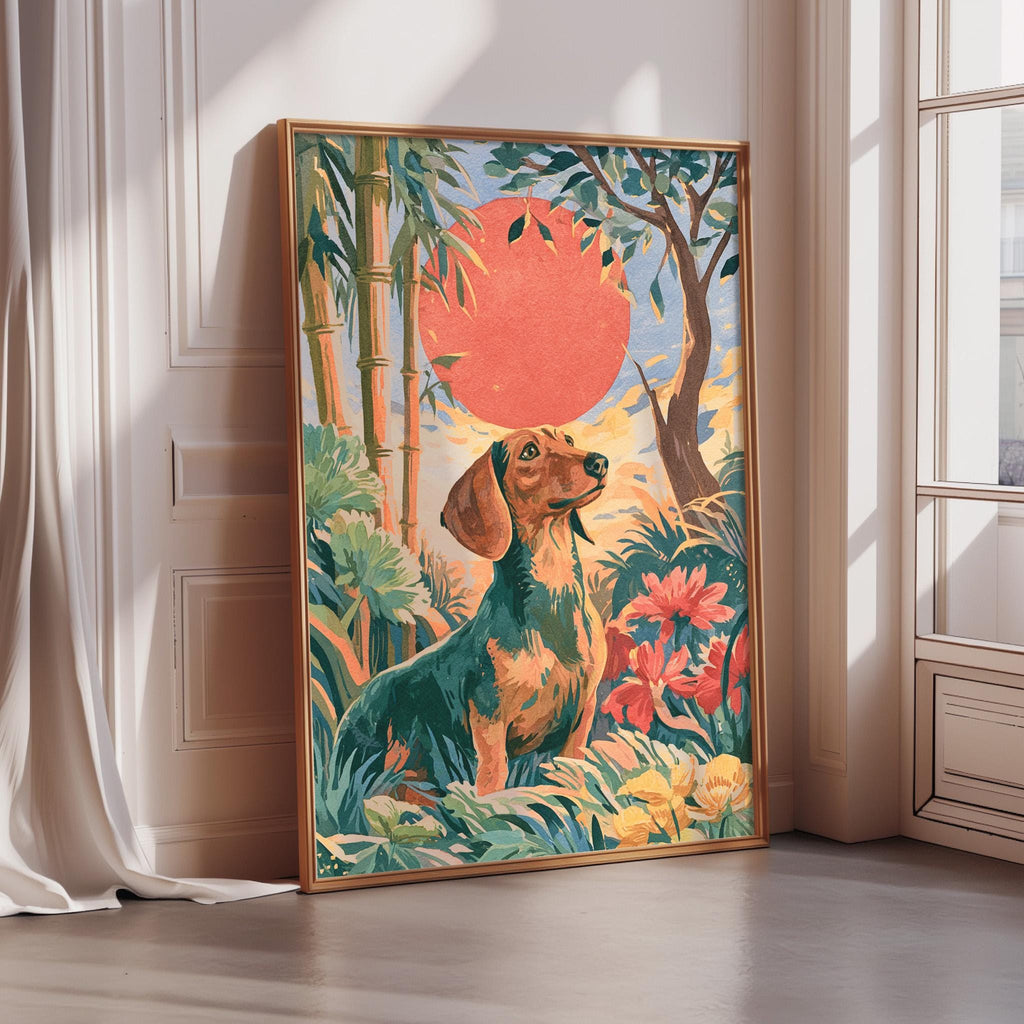 A framed painting depicting a dog sitting in a lush, tropical setting with a large sun in the background.
