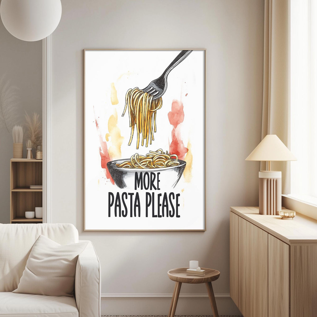 a framed poster with a drawing of spaghetti and a fork, accompanied by the text "MORE PASTA PLEASE".