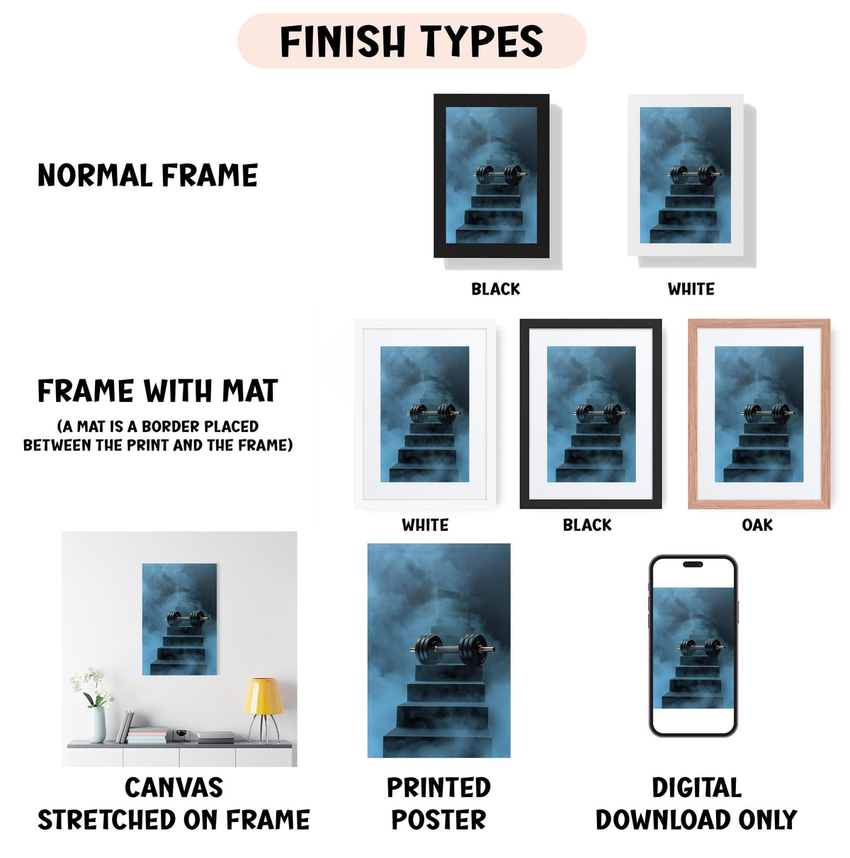 various finish types for artwork, including a normal frame, a frame with a mat, a white frame, a black frame, an oak frame, a white printed poster, and a digital download only.