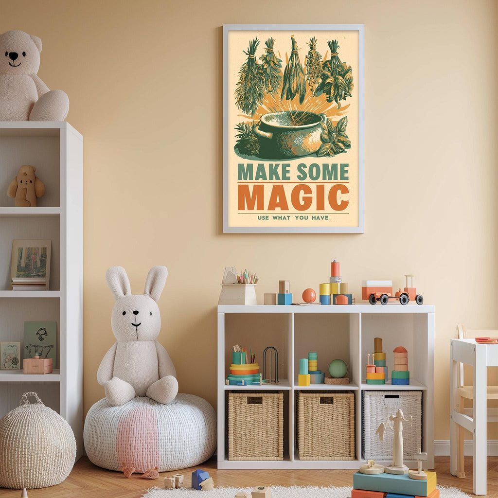 A child's bedroom with a white bookshelf, a stuffed rabbit, and a colorful toy set. Above the bookshelf is a framed poster with the text "MAKE SOME MAGIC USE WHAT YOU HAVE".
