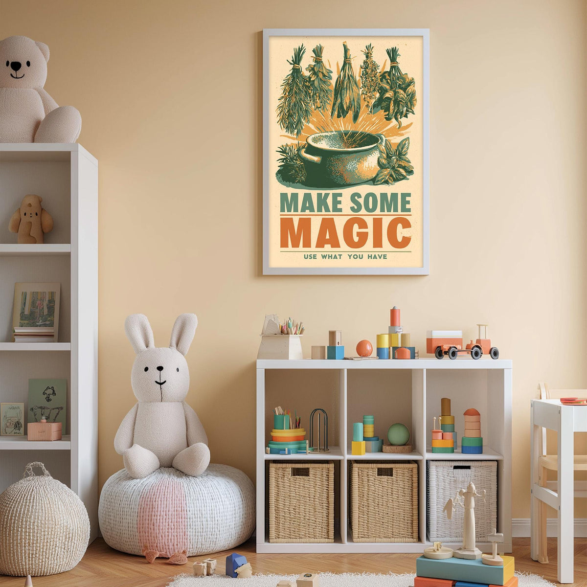 A child's bedroom with a white bookshelf, a stuffed rabbit, and a colorful toy set. Above the bookshelf is a framed poster with the text "MAKE SOME MAGIC USE WHAT YOU HAVE".