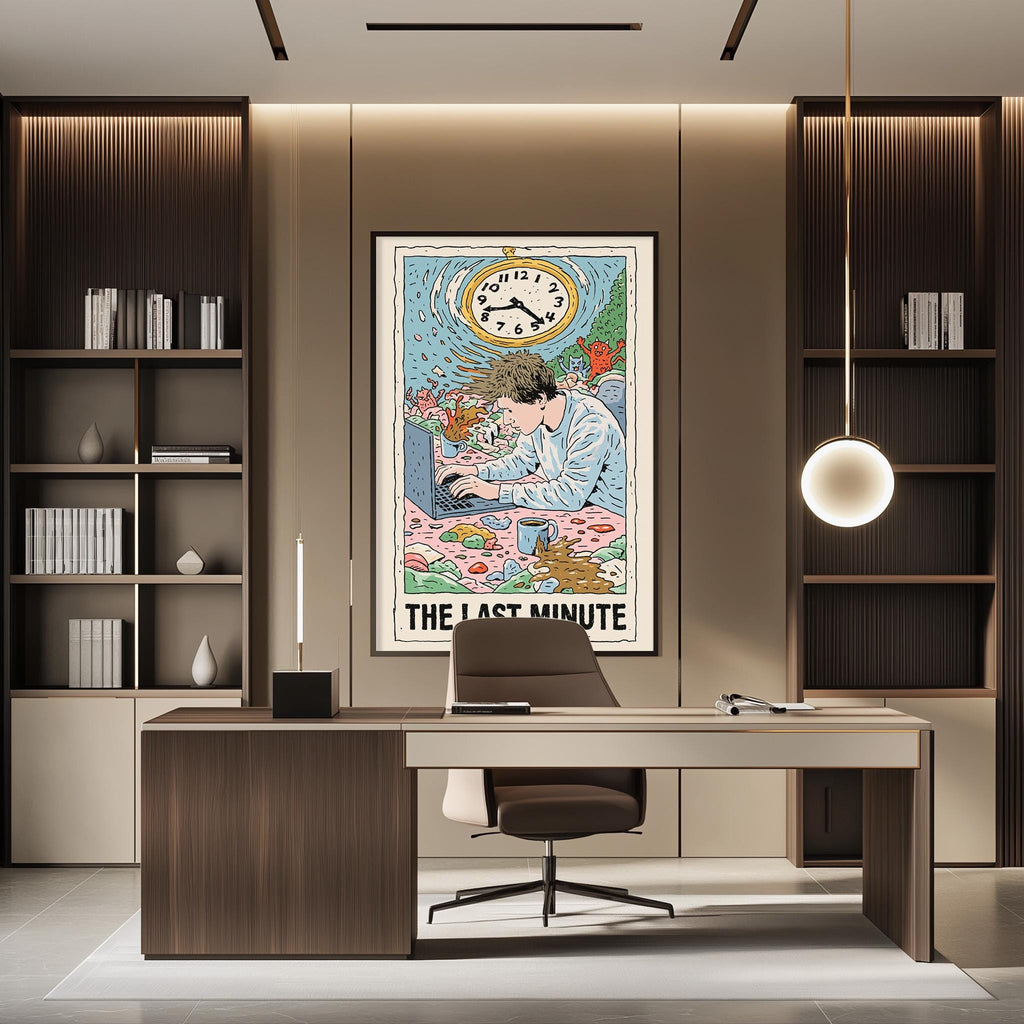 a modern office space with a large framed poster of a man working on a computer, a desk with a chair, and a bookshelf filled with books.