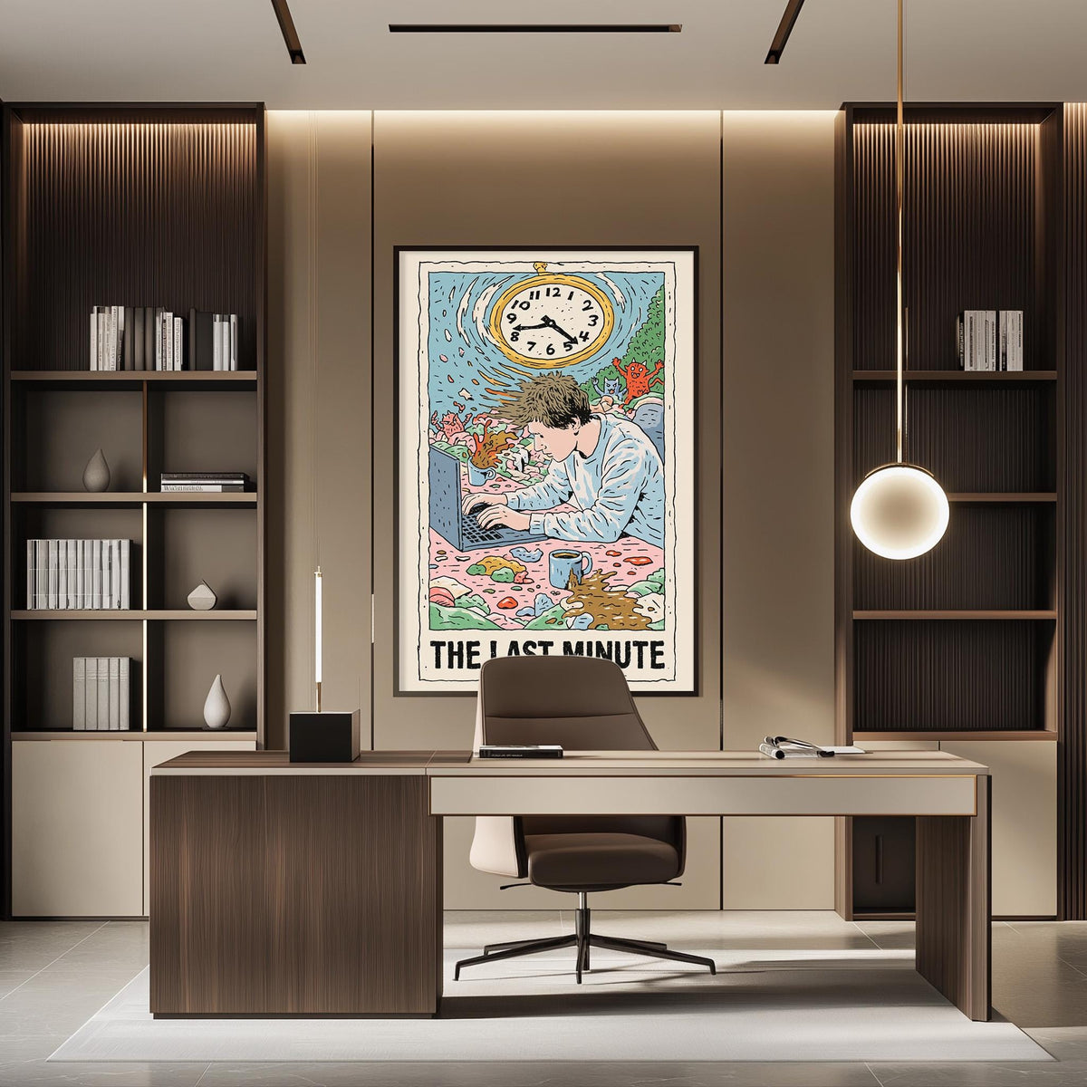 a modern office space with a large framed poster of a man working on a computer, a desk with a chair, and a bookshelf filled with books.