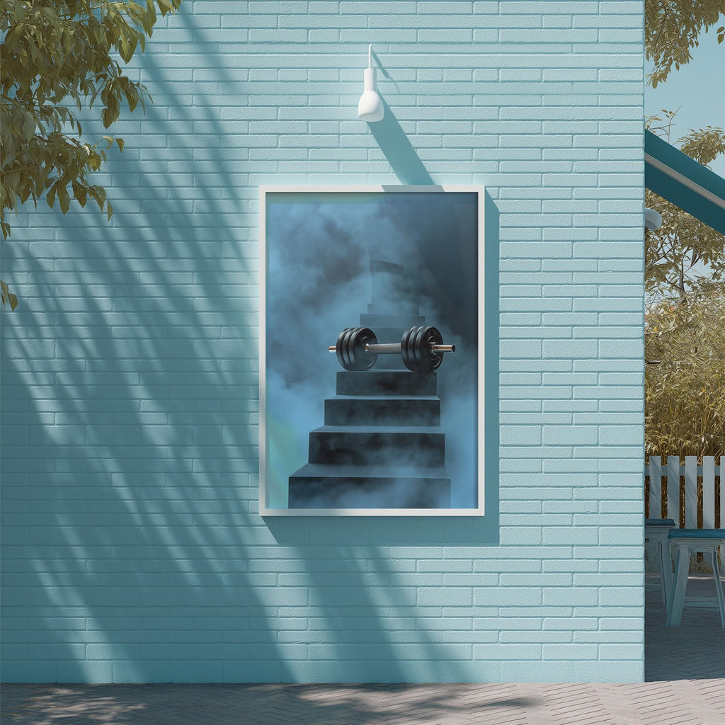 a blue brick wall with a framed picture of a weight set on top of a set of stairs, creating an artistic and visually striking composition.