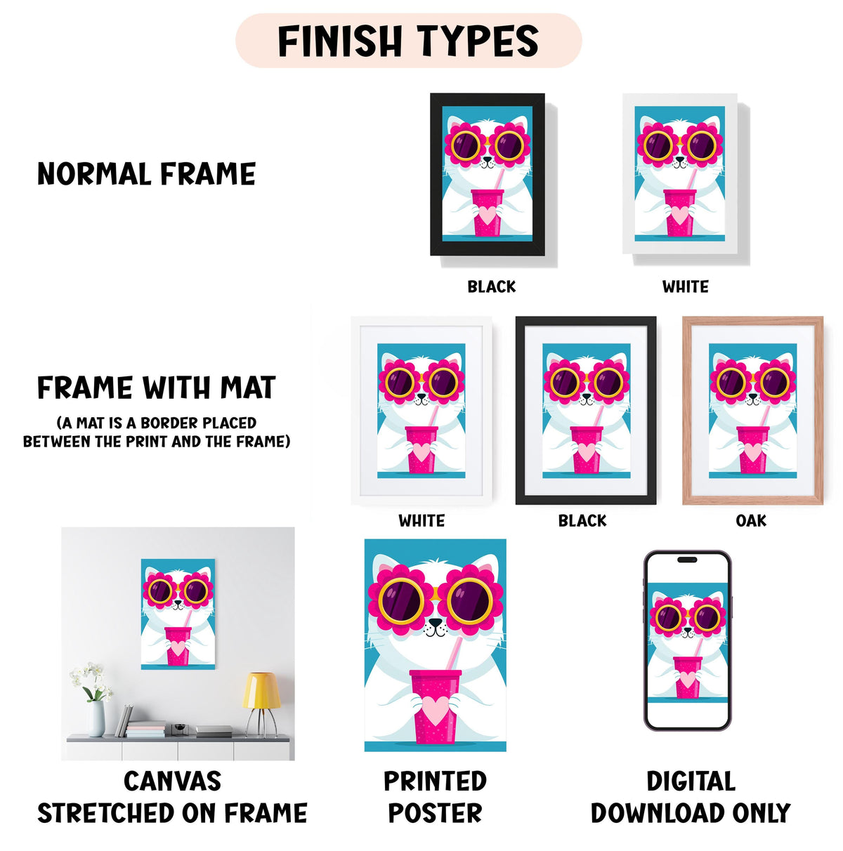 various finish types for artwork, including a normal frame, a frame with a mat, a white frame, a black frame, an oak frame, a white canvas stretched on a frame, a printed poster, and a digital download only.
