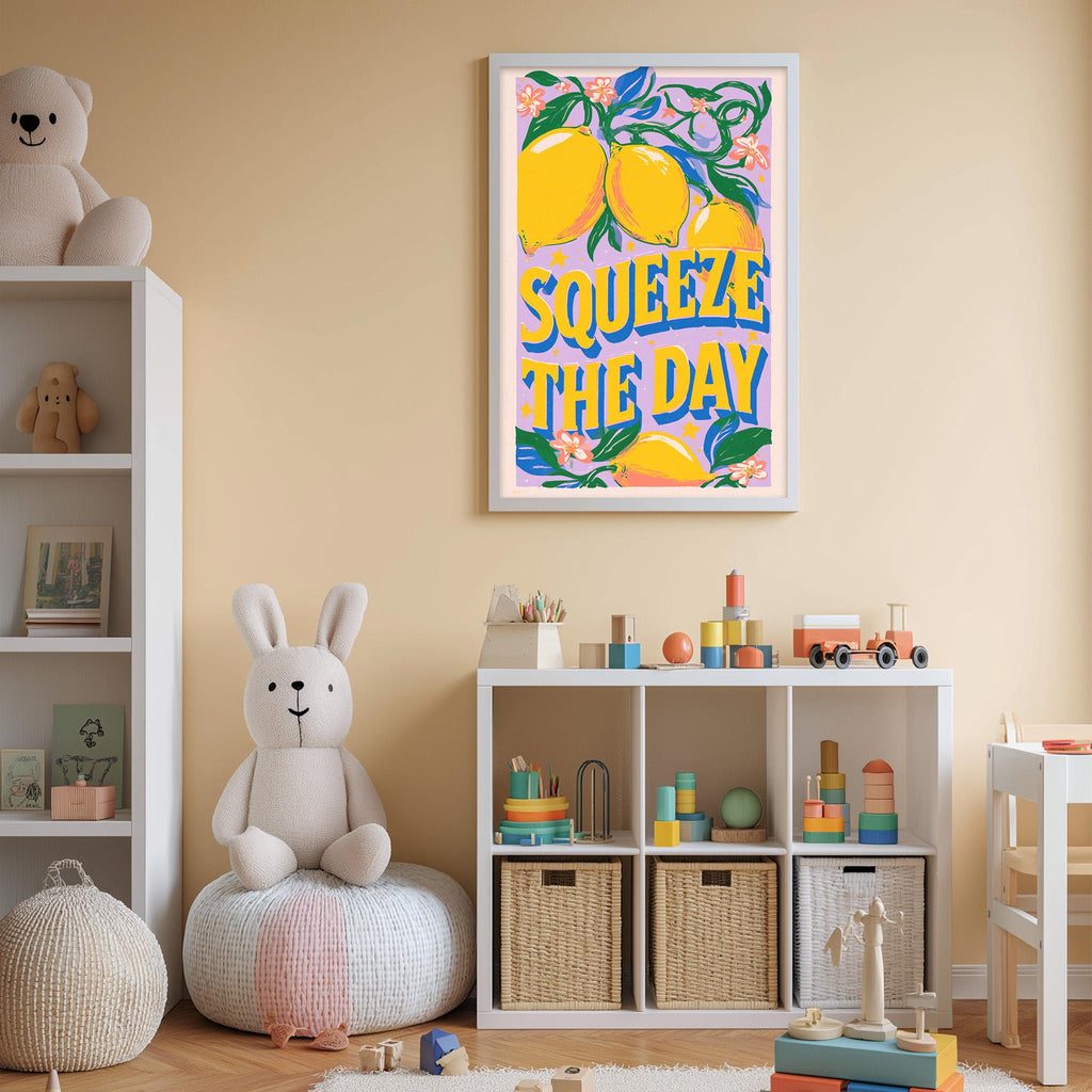 A child's bedroom with a white bookshelf, a stuffed rabbit, and a colorful poster on the wall that says "SQUEEZE THE DAY".
