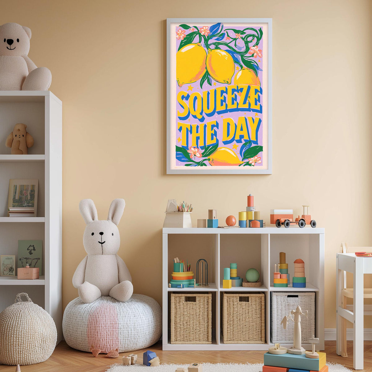 A child's bedroom with a white bookshelf, a stuffed rabbit, and a colorful poster on the wall that says "SQUEEZE THE DAY".