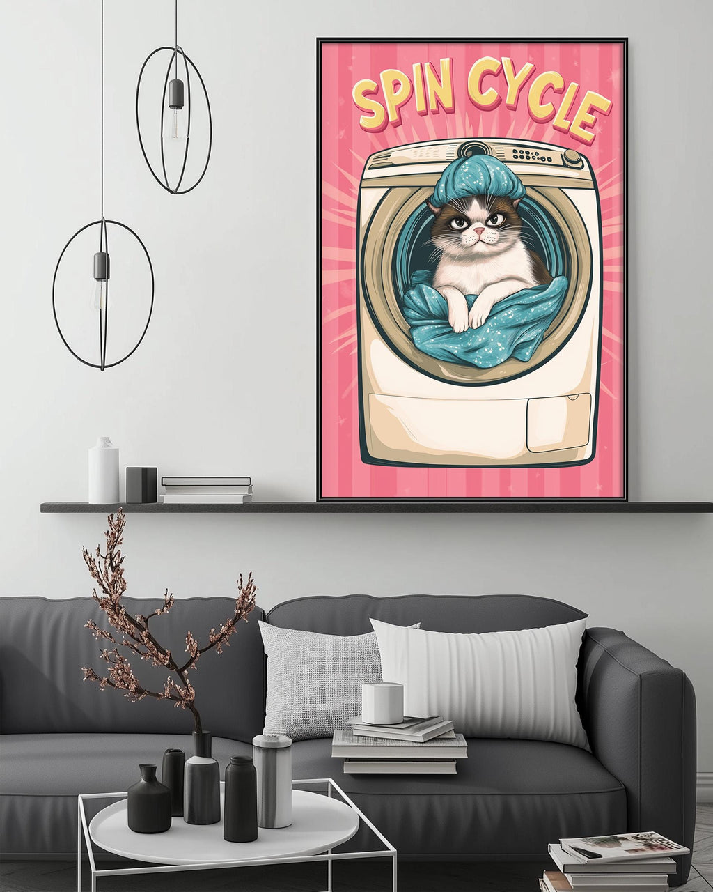 a cat sitting inside a washing machine, with the text "SPIN CYCLE" prominently displayed above it.