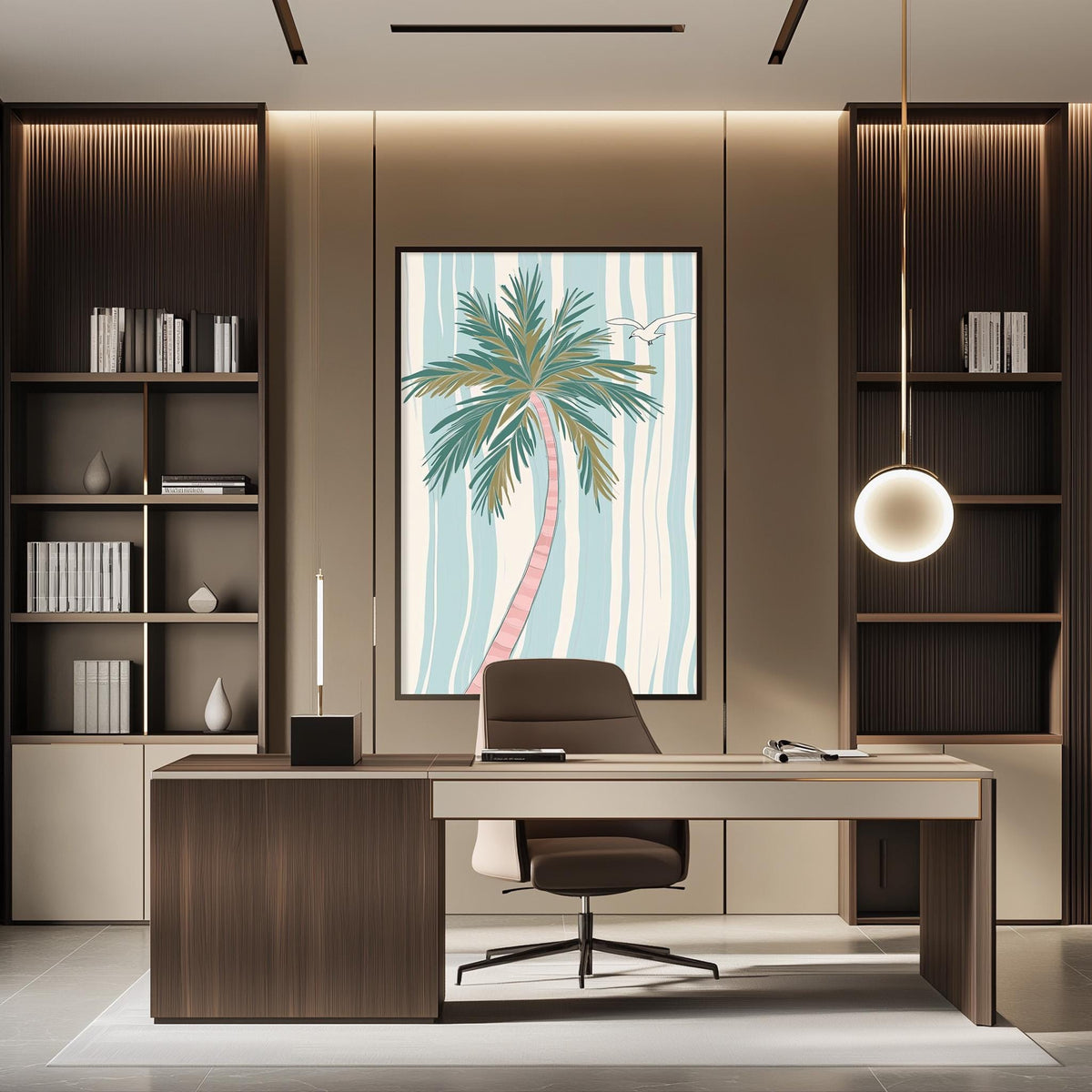 a modern and stylish office space with a large framed artwork of a palm tree on the wall. The office features a wooden desk, a comfortable-looking chair, and a pendant light above the desk. The room has a minimalist and contemporary design, with a focus on natural elements and clean lines.