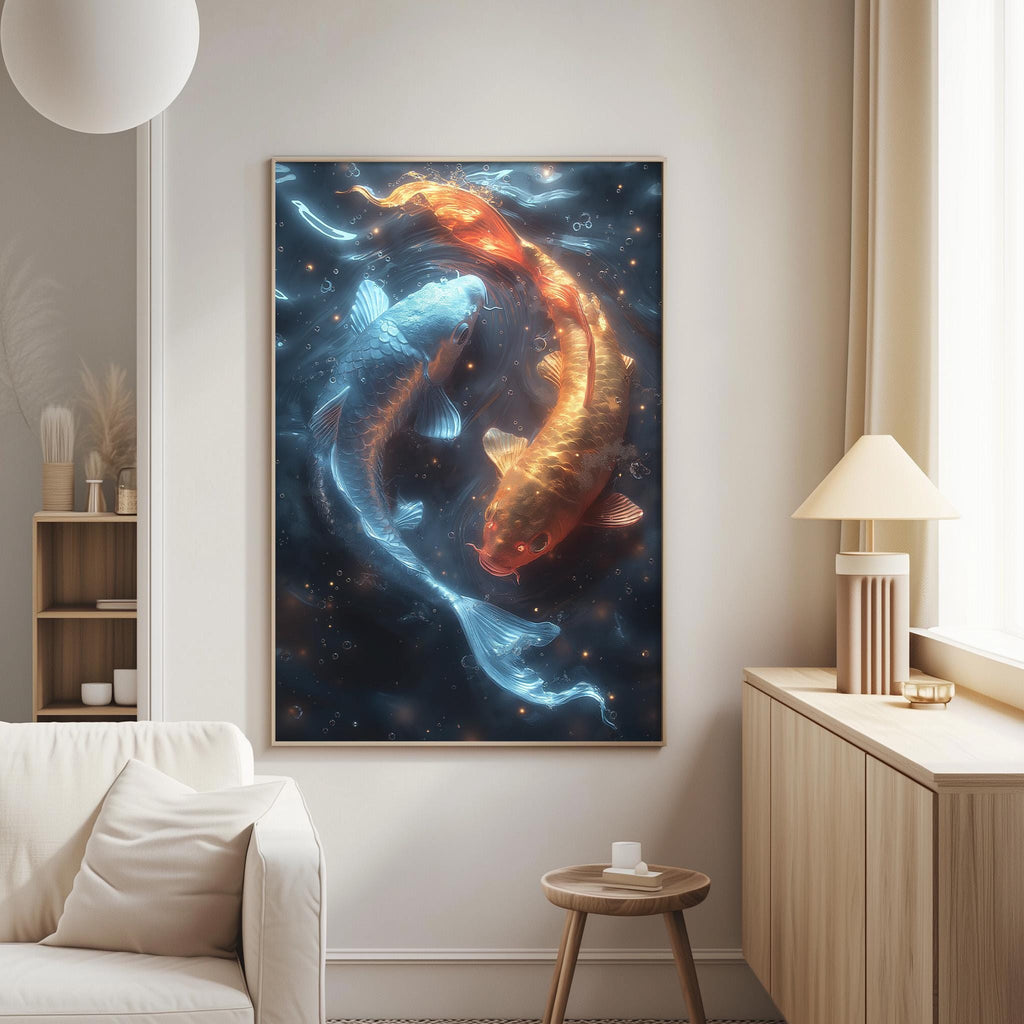a large, vibrant painting of two koi fish swimming in a dark blue ocean, with a bright orange koi fish in the center. The painting is displayed on a wall in a living room setting, with a white couch and a wooden side table visible in the background.