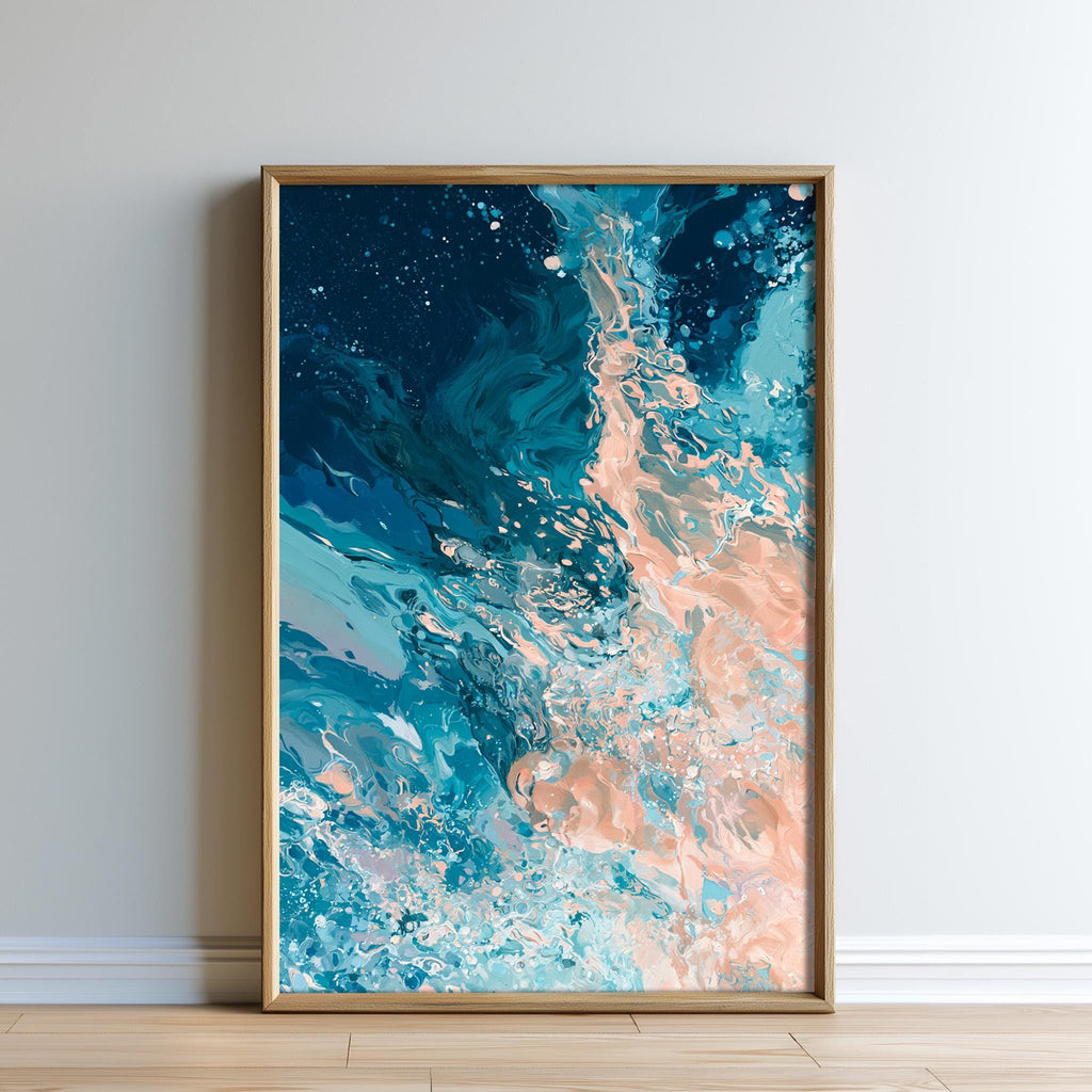 a large abstract painting with a vibrant mix of blue, pink, and orange colors, creating a dynamic and visually striking composition.