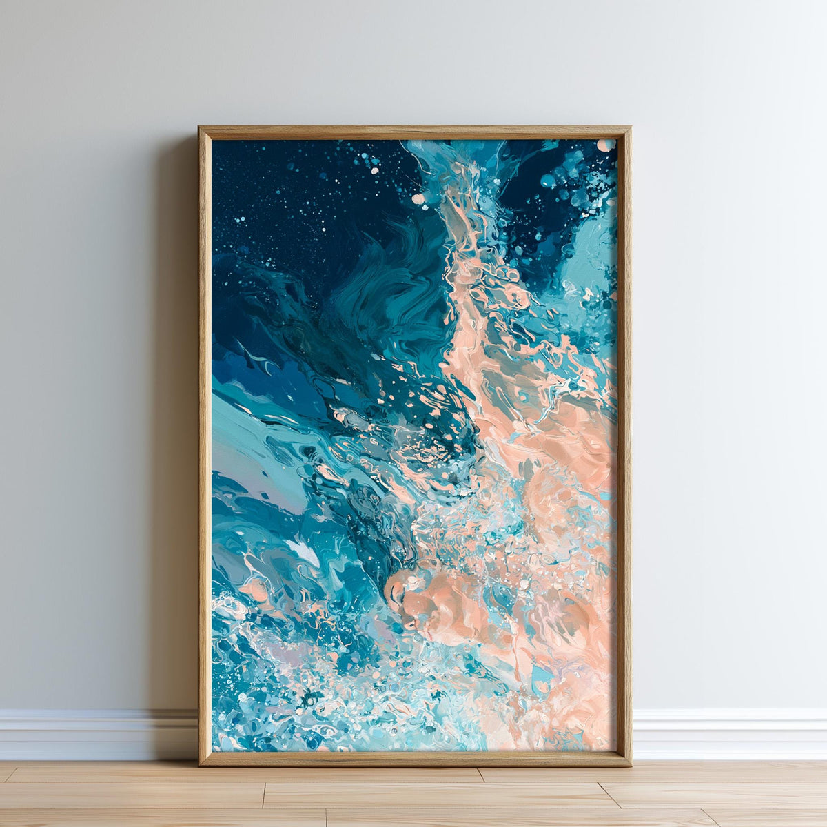 a large abstract painting with a vibrant mix of blue, pink, and orange colors, creating a dynamic and visually striking composition.