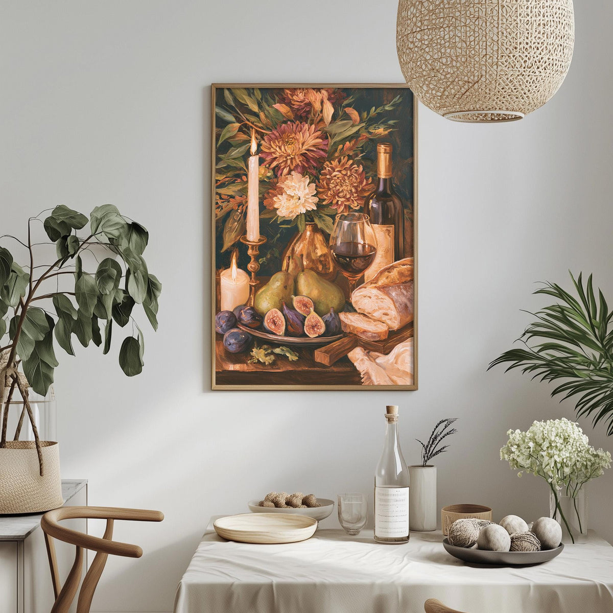 a dining table set with a variety of food items, including a bowl of fruit, a bottle of wine, and a vase of flowers. The table is surrounded by chairs, and there are potted plants and other decorative elements in the room. A framed painting of a still life scene with fruit and flowers is hanging on the wall above the table.