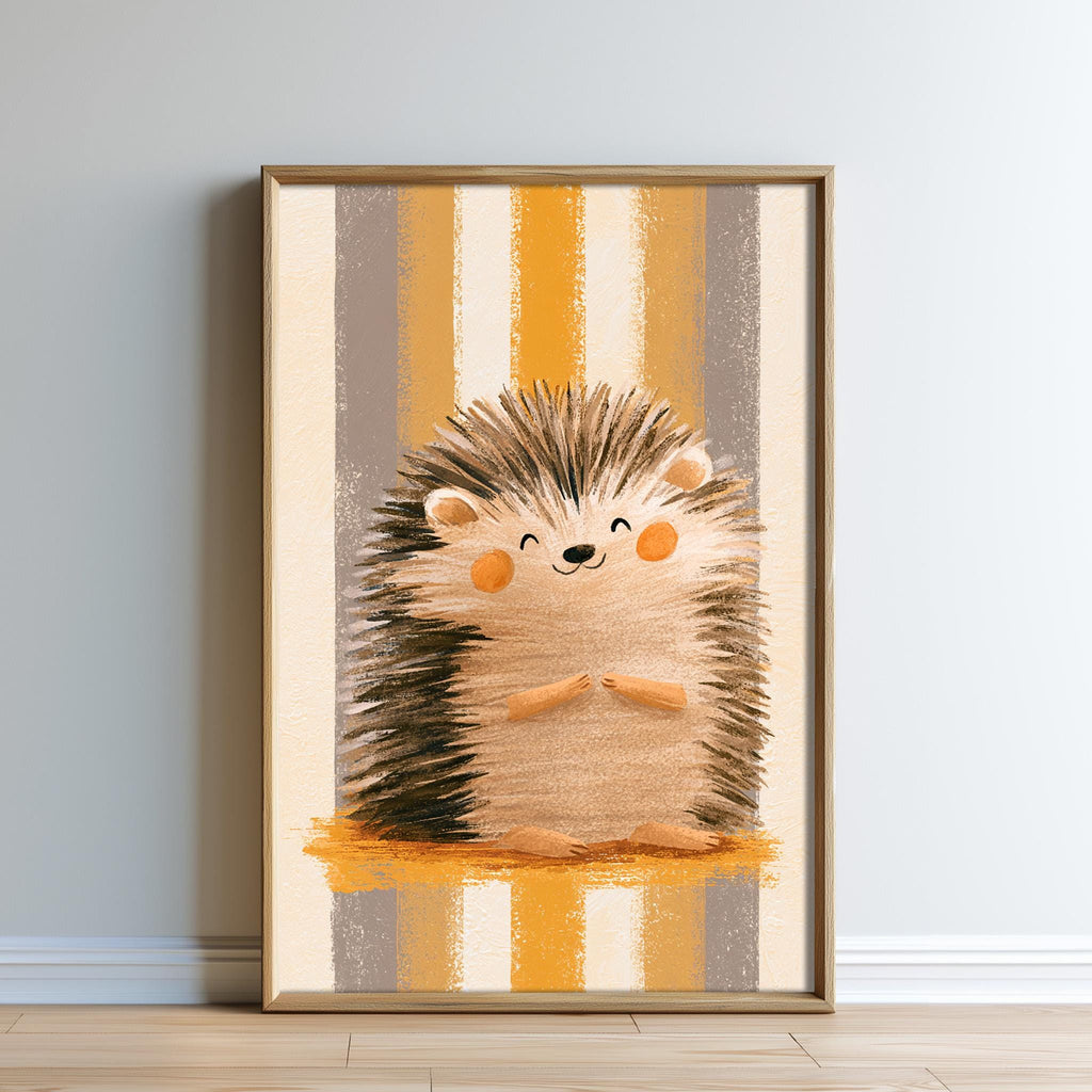 A framed illustration of a smiling hedgehog against a striped background.