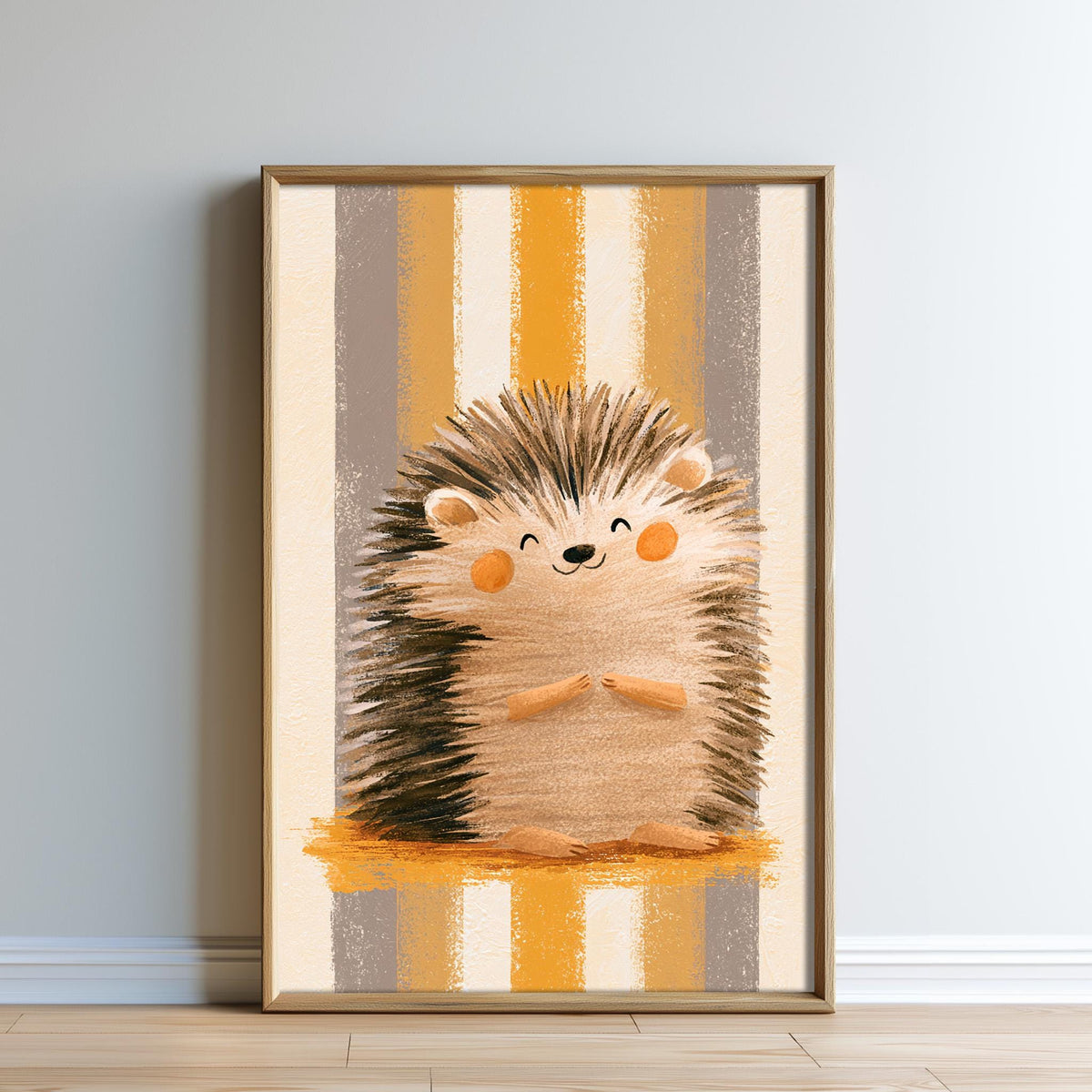 A framed illustration of a smiling hedgehog against a striped background.
